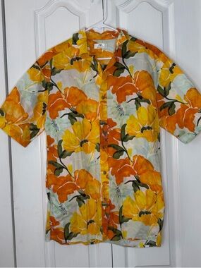 Zara Men’s Yellow & Orange Floral Short-Sleeve Button-Down Shirt M